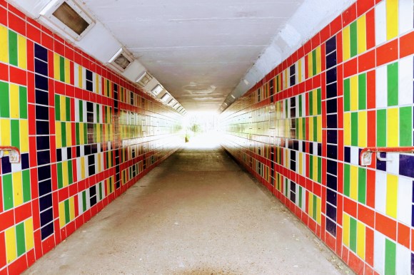 'Tile Illusion' - light refracting through the entrance of an underpass which is covered in coloured tiles
