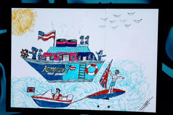a child's painting of a boat with charicature crew of a captain and a number of stewerdesses. Emblazoned with the American flag and advertising American Express