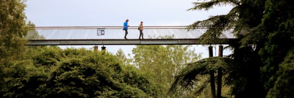 two visitors walking across a high rise bridge through the woodlands at Westonbirt Arboretum
