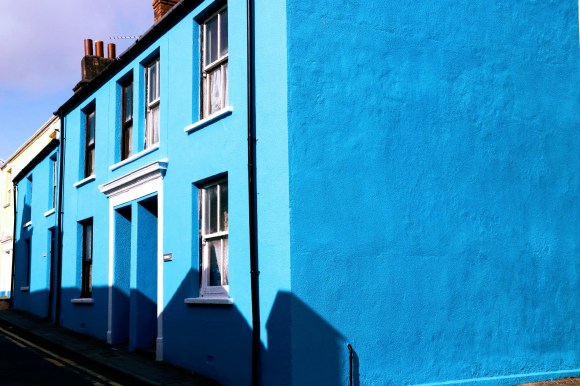 a brightly blue coloured house in Vulcan Street, Aberystwyth