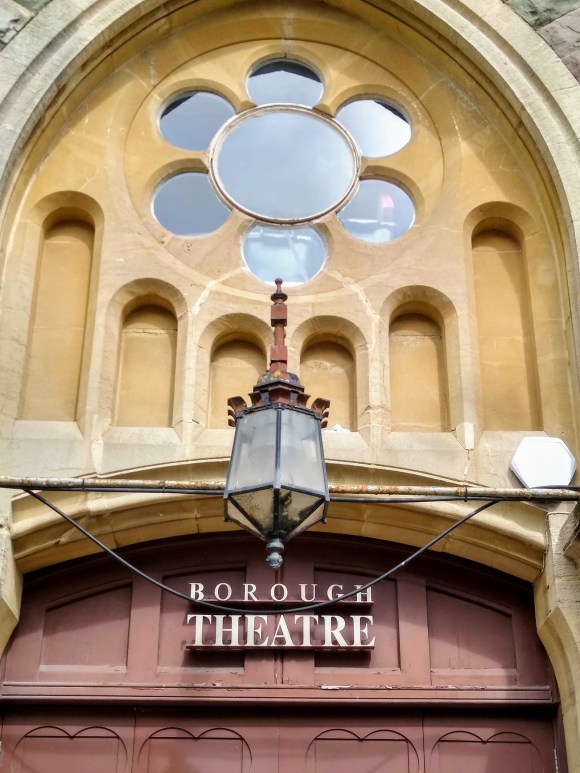 old fashioned street lamp outside the main entrance to the Borough Theatre in Abergavenny