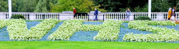 a floral display shaped in the NHS logo in the gardens opposite Buckingham Palace