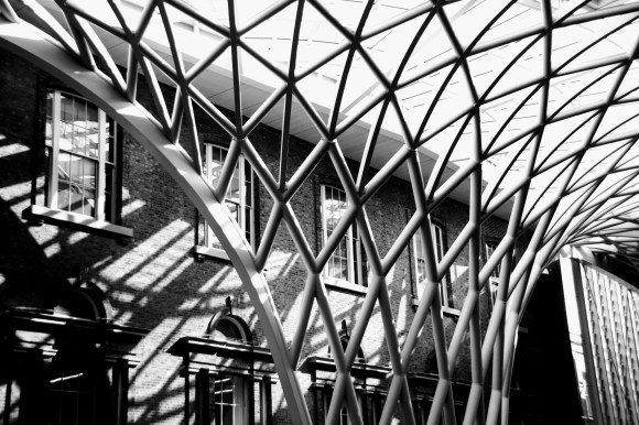 one of the intricate roof support struts of the new concourse in kings cross station