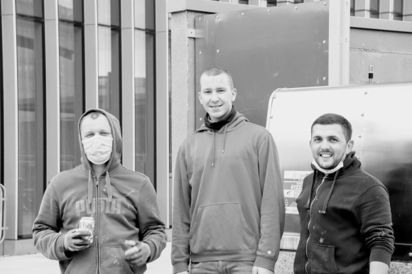 Catalin, wearing a facemask. Valentine and Raj