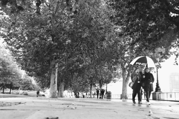 black and white image. long shot taken from ground level looking through the avenue of trees along  the Queen's Walk. It's raining so few people about, but a couple walking on the right hand side holding a black and white 'PING' golfing umbrella looking at the camera